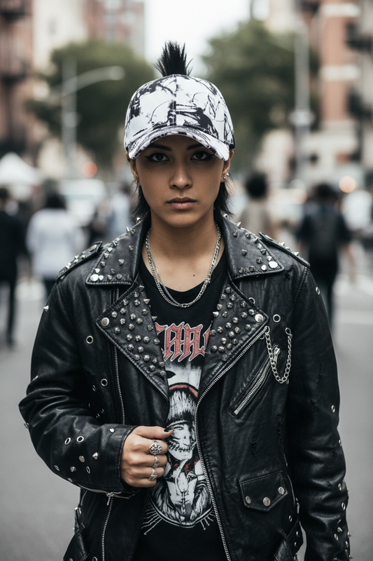 A green camouflage pattern baseball cap with white embroidery.