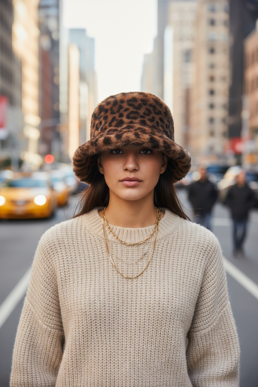 Leopard print fur cap on a light gray background