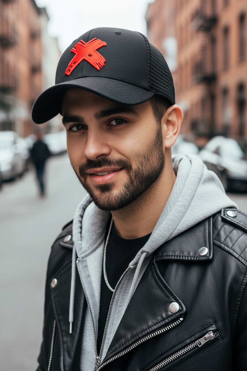 A black mesh baseball cap with a white graphic on the front and a white logo on the side.