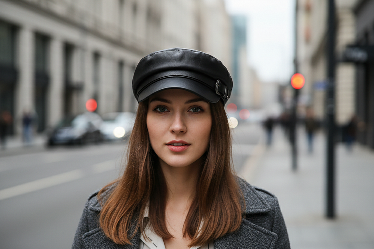 Black leather cap on a white surface with text