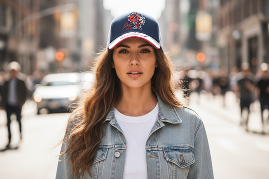 Two baseball caps with embroidered designs, one primarily in white with blue accents and the other in red with black accents, both featuring the number 93 and the letter 'M'.