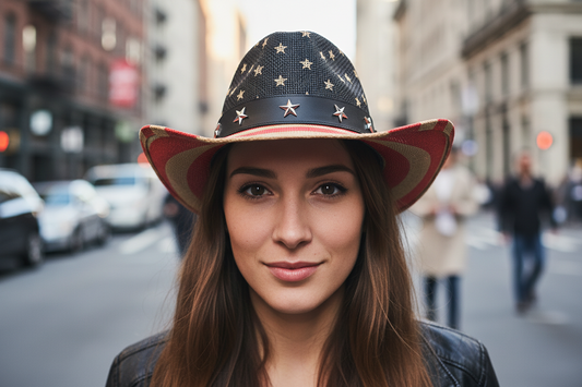 Black straw cowboy hat with red, white, and blue stripes and star patterns on a white background
