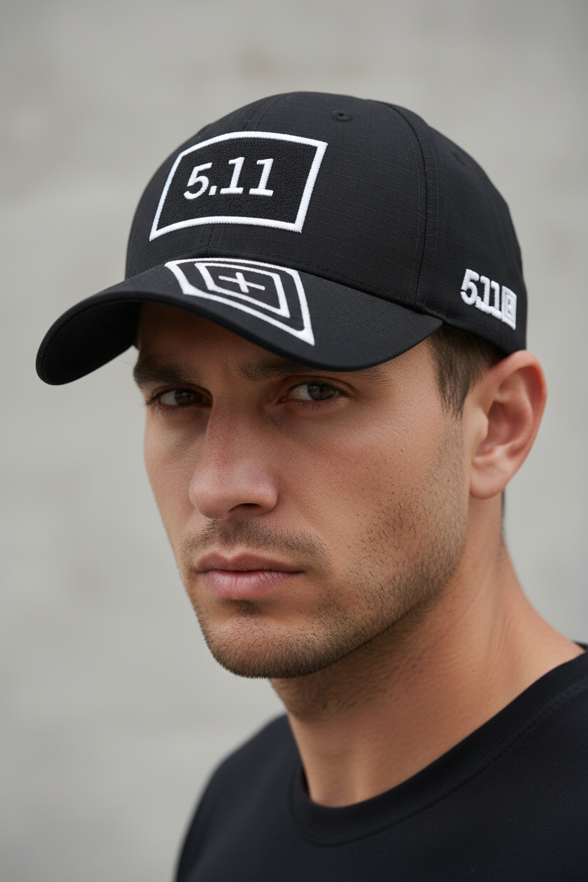 Black cap with white logos and text on a white background