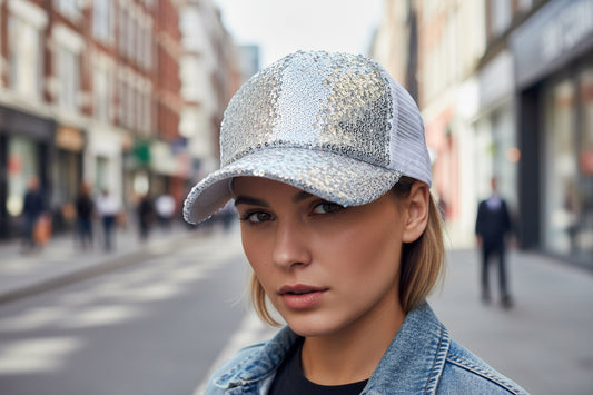 A collection of colorful sequin mesh hats in black, pink, silver, gold, and blue, displayed against a concrete background.