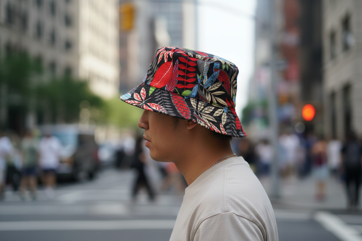 Colorful bucket hat with tropical leaf pattern on a white background