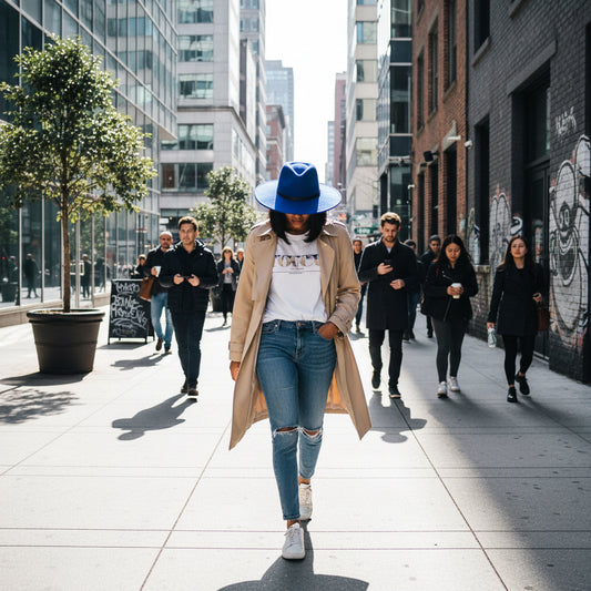 Blue felt hat with a wide brim on a white background