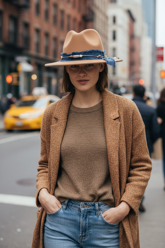 A camel-colored felt hat with a denim blue cloth scarf and a decorative pin attached to the brim.
