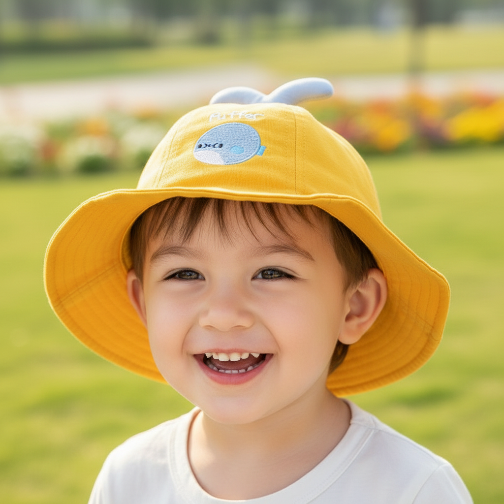 Yellow children's hat with blue whale design and 'Puffer' text on a white background