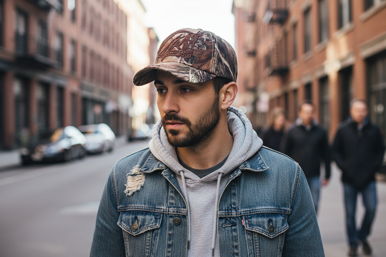 A camouflage baseball cap with letter embroidery on the front.