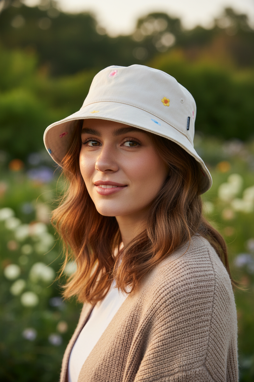Galveston Flower Embroidered Wide Brim Cotton Bucket Hat