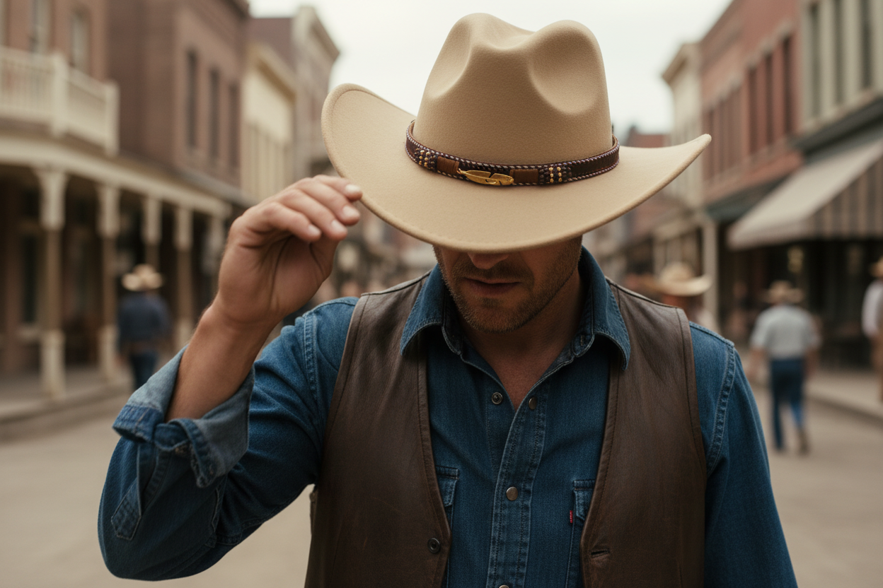 A wine red cowboy hat with a metal leaf patterned belt.