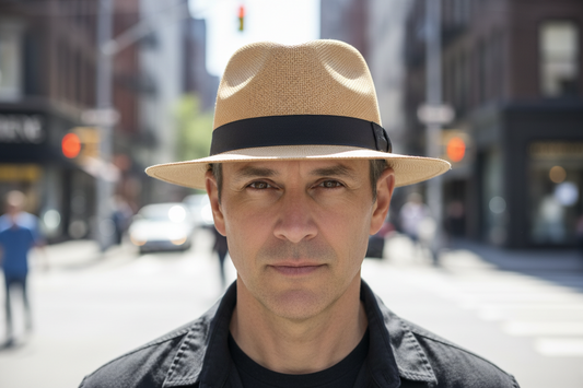 Beige straw hat with a black band on a white surface