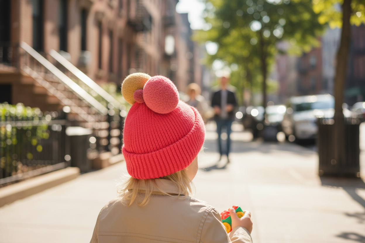 Pink knit baby hat with two colorful pom-poms on a white background