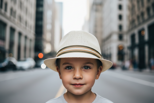 A beige children's straw hat with a flat edge, displayed on a flat surface with a decorative flower and a camera magazine in the background.
