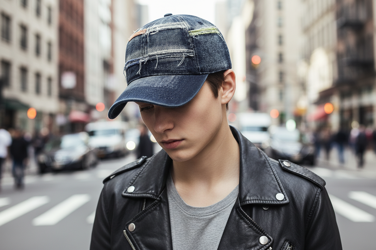 Denim cap with patchwork design on a white background