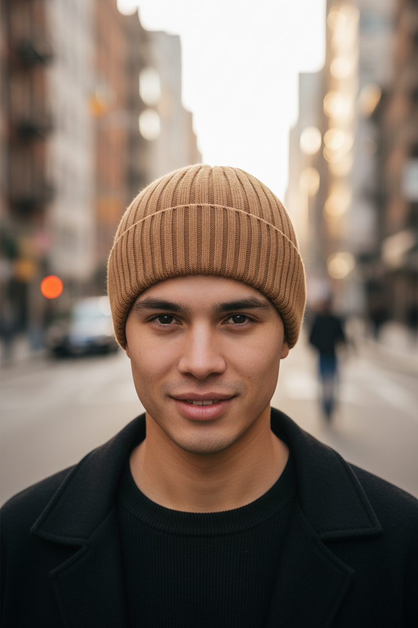 Brown knit beanie on a white background