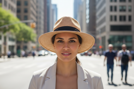 Beige straw hat with a black band on a white background