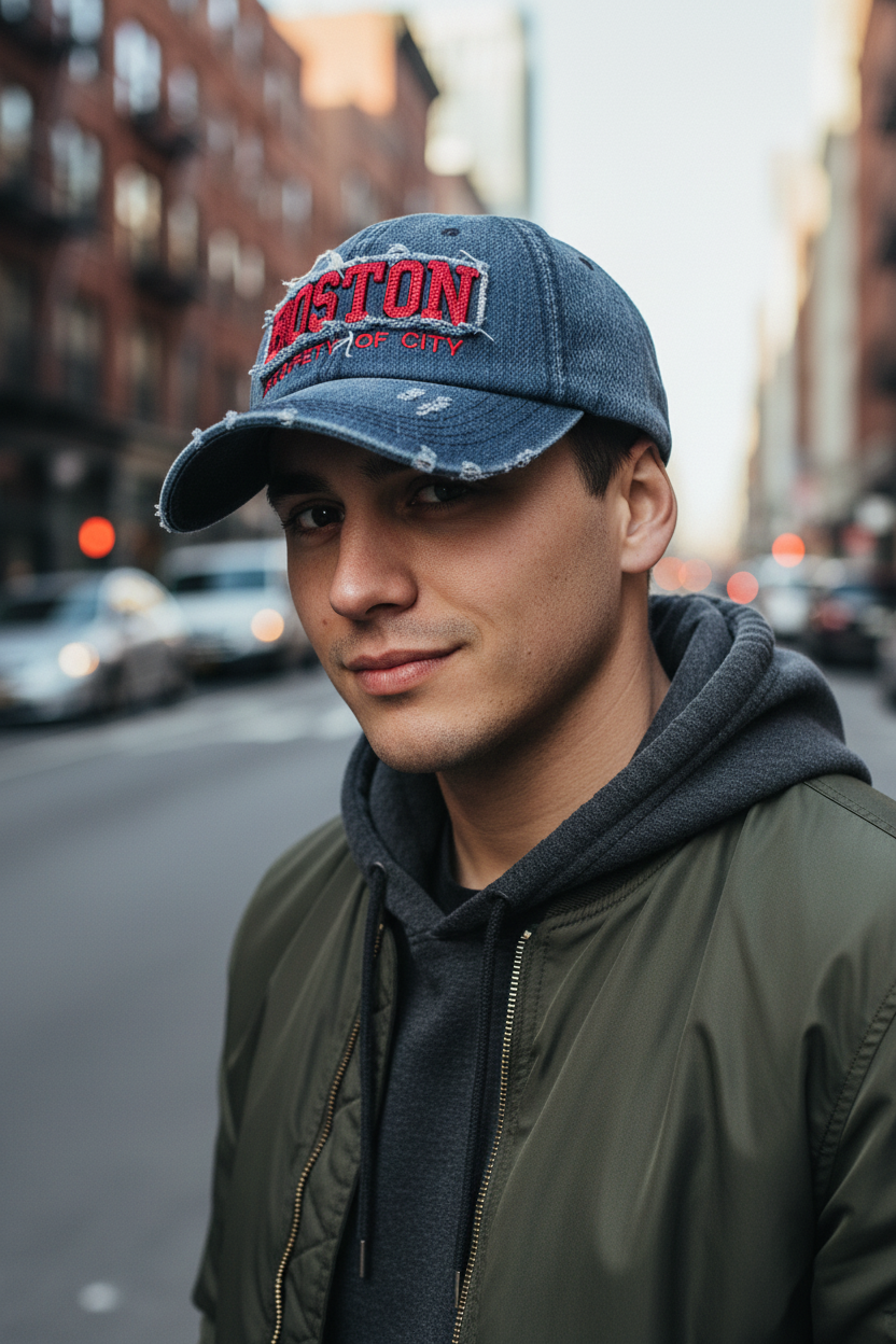 Blue denim cap with 'Boston' and 'Property of City' text on a white background