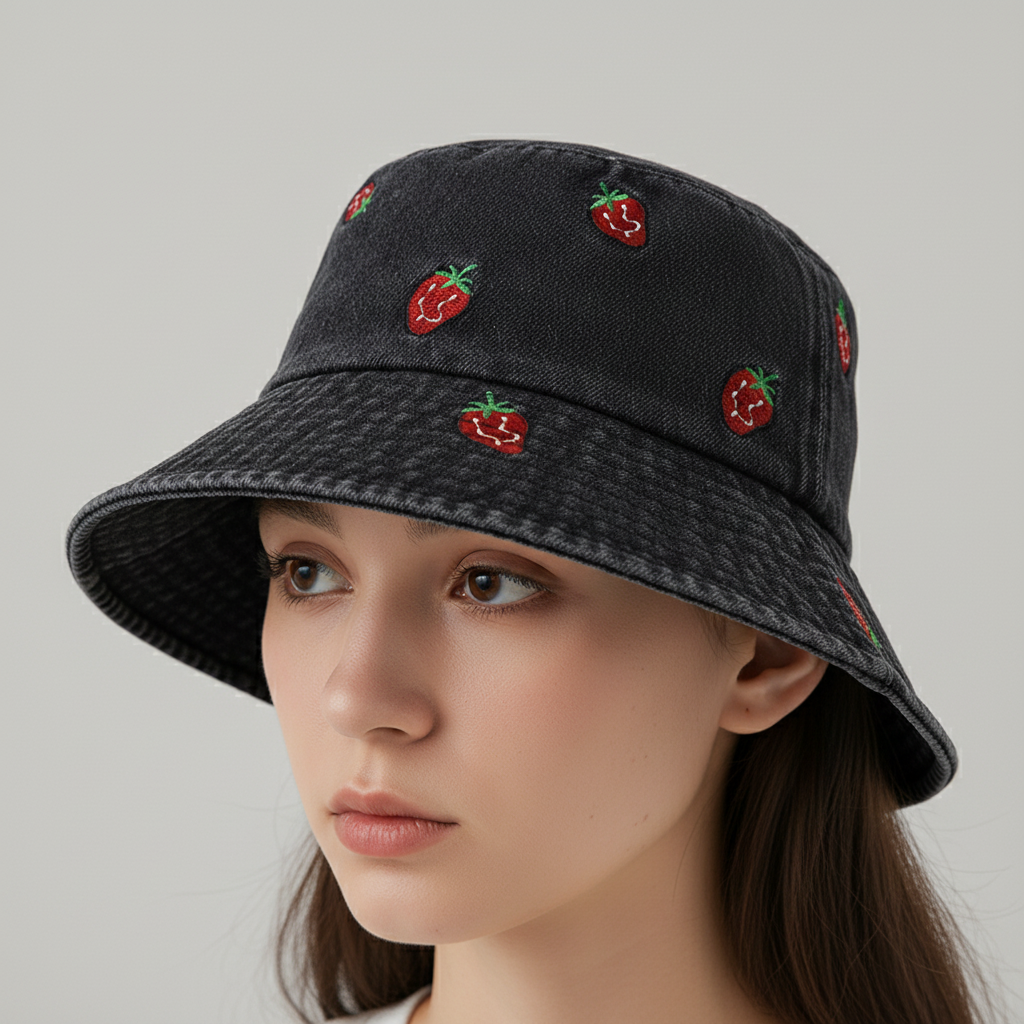 Two bucket hats, one in dark blue and one in light blue, each adorned with embroidered strawberries over the entire surface.