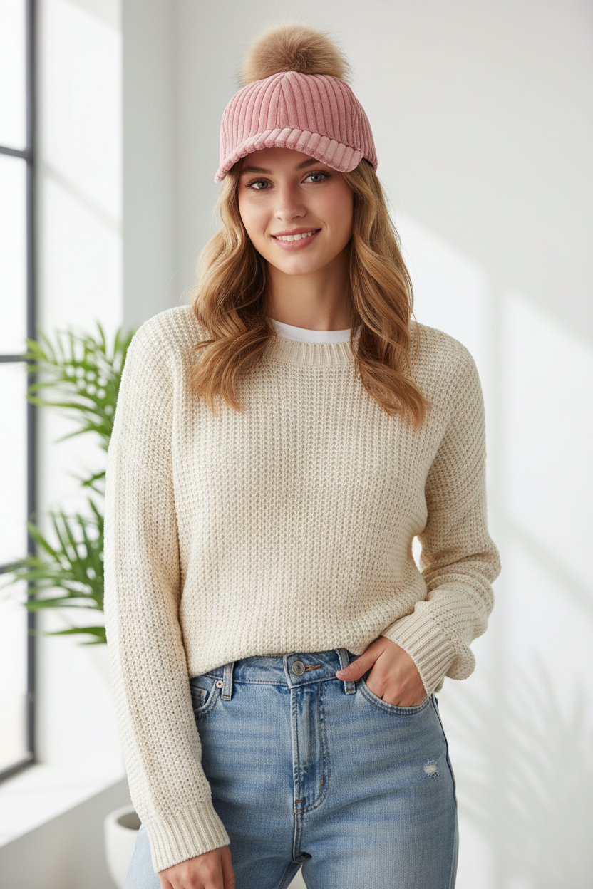 Claxton Fur Ball Corduroy Baseball Cap – Women's One Size