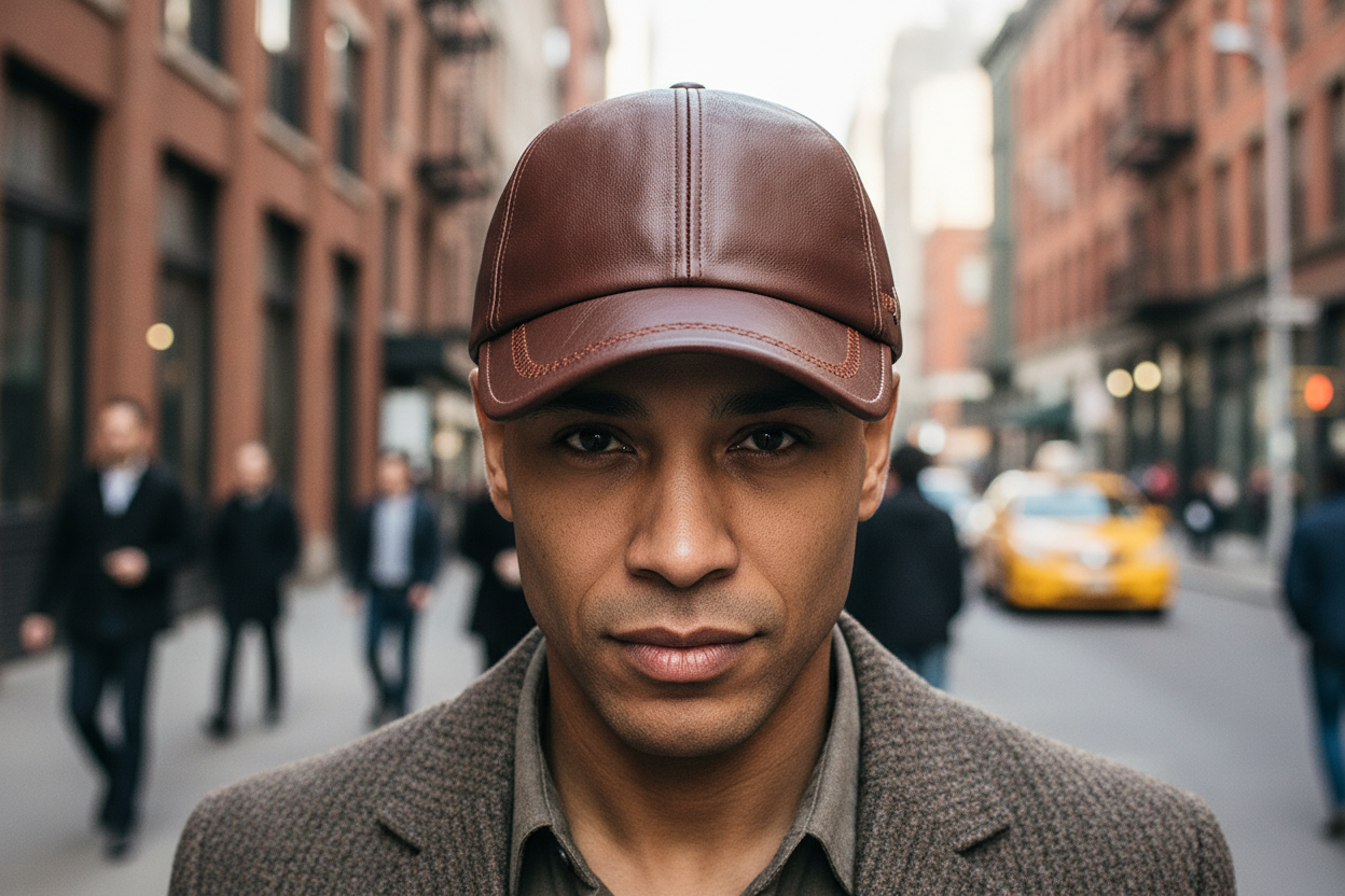 Brown leather baseball cap on a white background