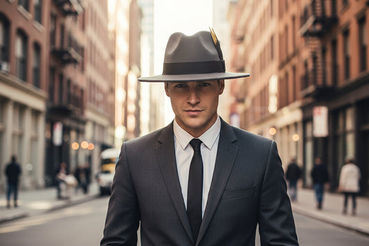Gray fedora hat with a black band and gold feather on a white background