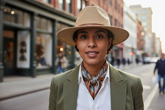 Beige straw hat with a brown band on a white background