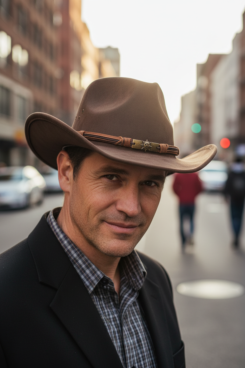 Brown cowboy hat with a decorative band on a white background