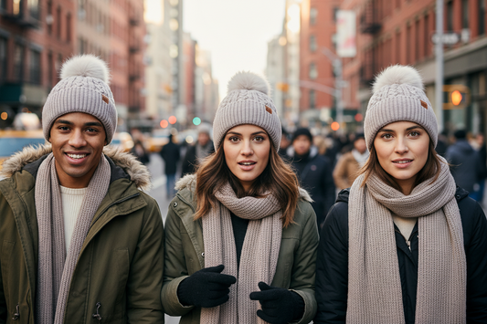 A collection of knitted wool hats with fur balls, available in various colors.