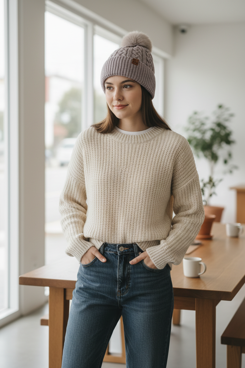 Foyer Twisted Knit Pom-Pom Beanie | Warm Viscose Winter Hat
