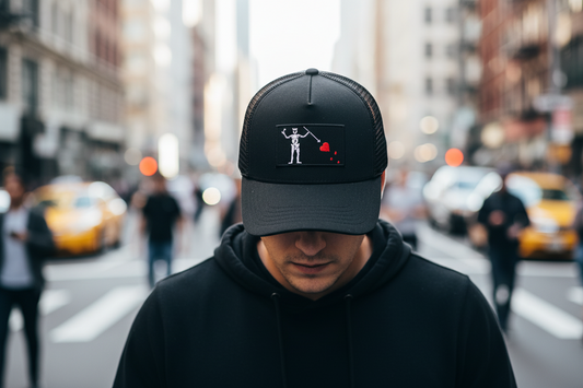 Black cap with a graphic design on a white background