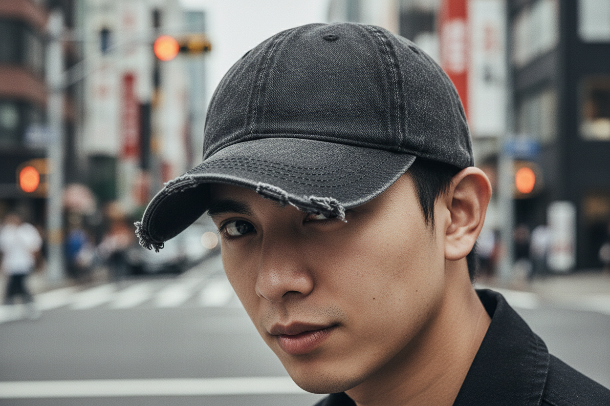 Black denim cap with frayed edges on a white background