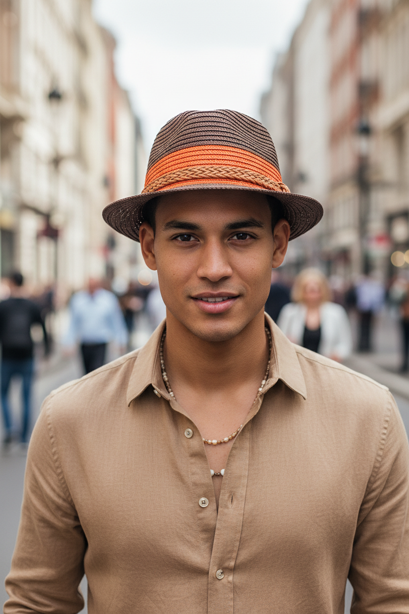 A straw hat with brown body and an orange band, featuring a decorative element on the brim.