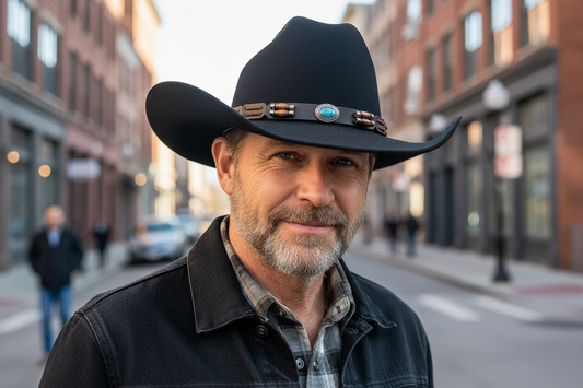 Black cowboy hat with beaded band on white background