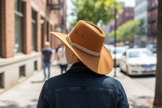 Brown cowboy hat with a rope band on a stone surface with greenery in the background