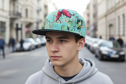 Cap with butterfly design on a turquoise background