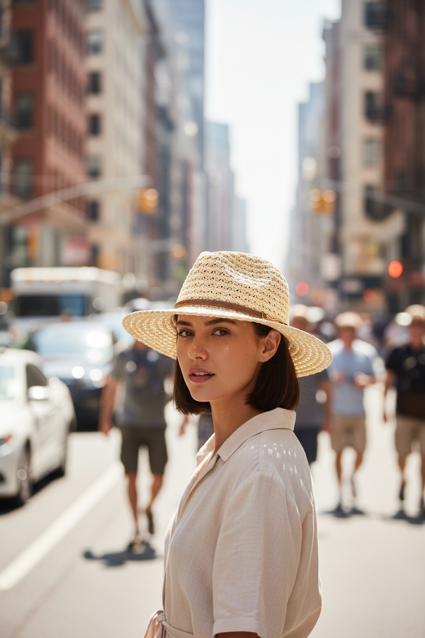 Beige straw hat with a brown band on a white surface