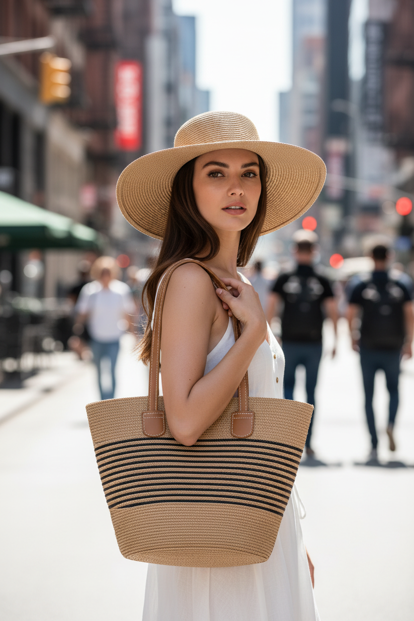 Woven straw bag with black stripes and a matching hat on a white surface.