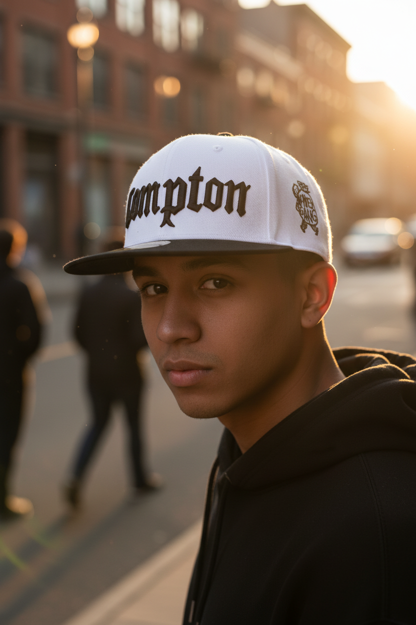 Two flat brim baseball hats, one with a camouflage pattern and the other with a solid black brim and white hat top, both with the word 'Hollywood' written on them.