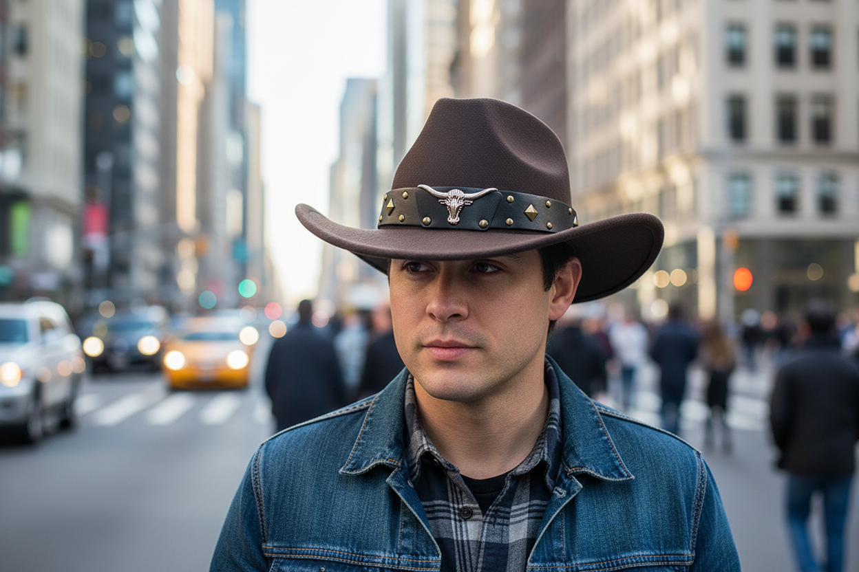 A black polyester cowboy hat with a decorative metal emblem on the band.