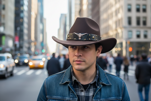 A black polyester cowboy hat with a decorative metal emblem on the band.