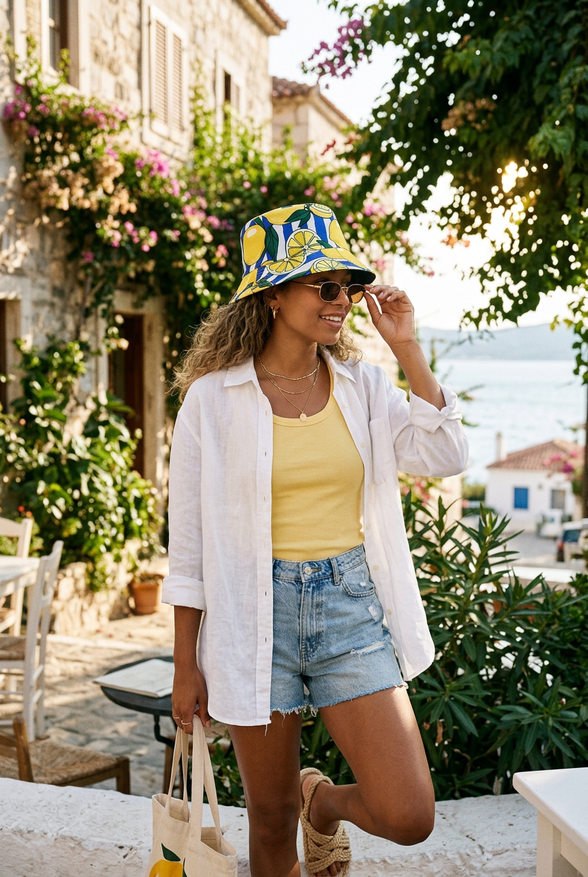Evans Fruit Print Polyester Bucket Hat, Flat Top, Unisex