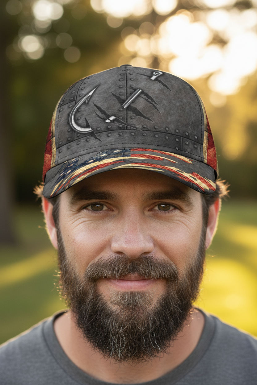 Cap with American flag design and hammer and sickle symbol on a white background