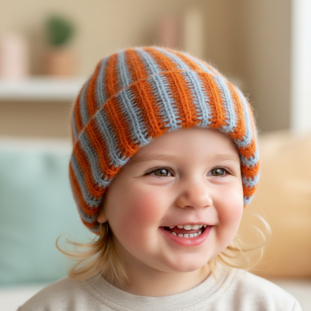 Knitted beanie with orange and light blue stripes on a white background