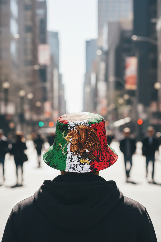 Bucket hat with a colorful design featuring an eagle on a white background
