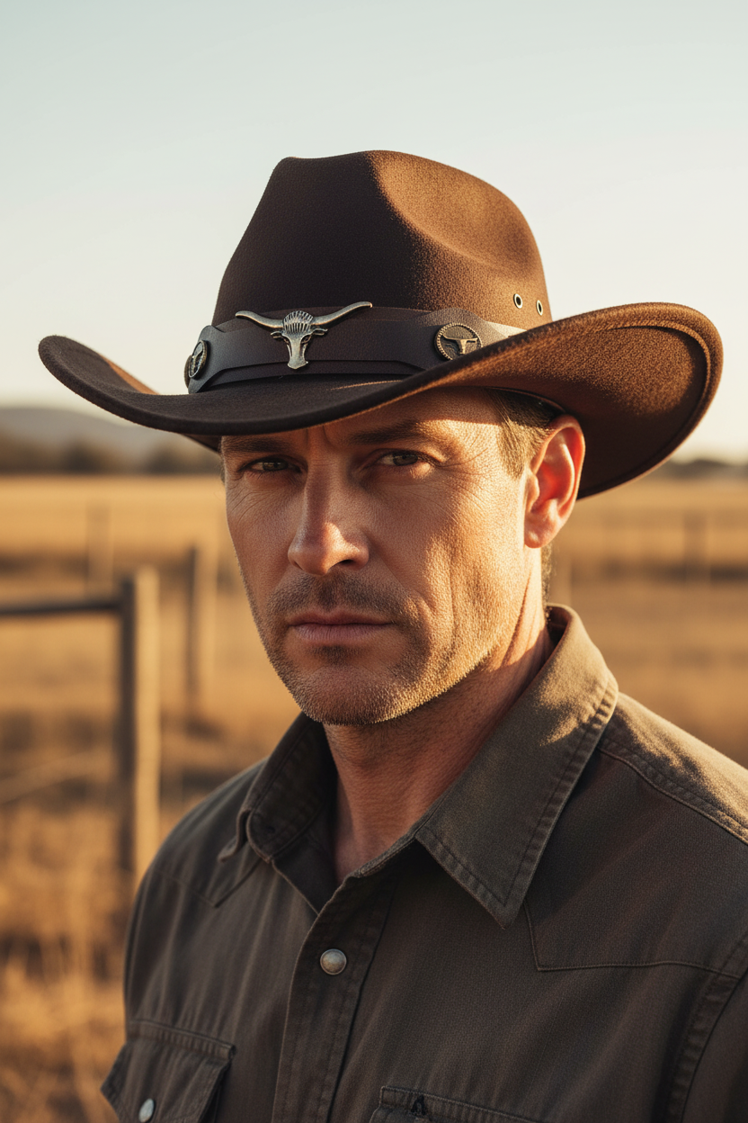 Brown cowboy hat with a leather band featuring a bull head emblem on a white background