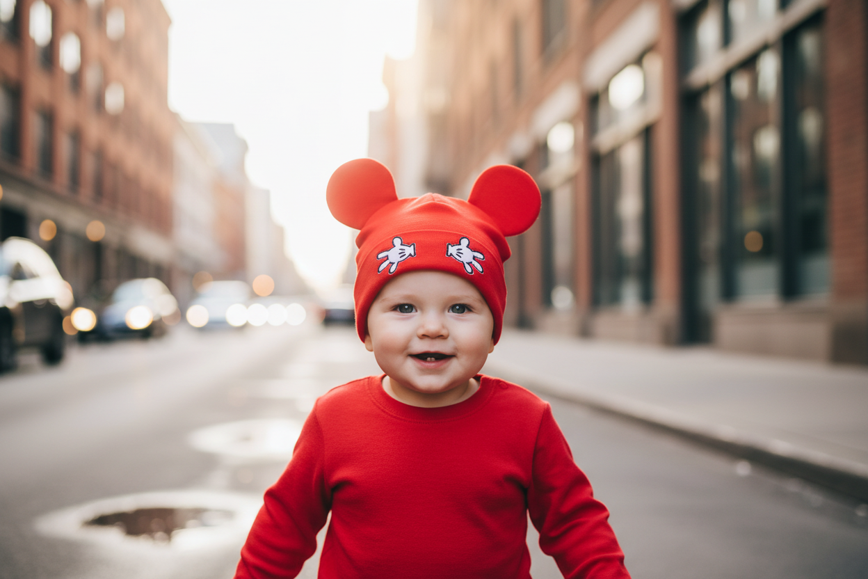 Red hat with Mickey Mouse ears and hands on a white background