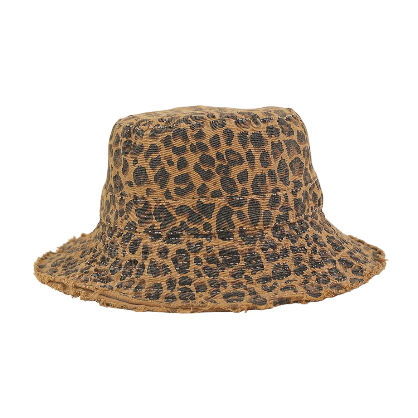 Leopard print bucket hat on a light pink background