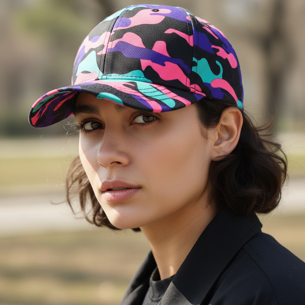 Two camouflage patterned baseball caps, one with a pink, purple, and black pattern, and the other with an orange, green, and black pattern.