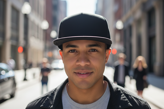 Black snapback cap with a flat brim on a white background